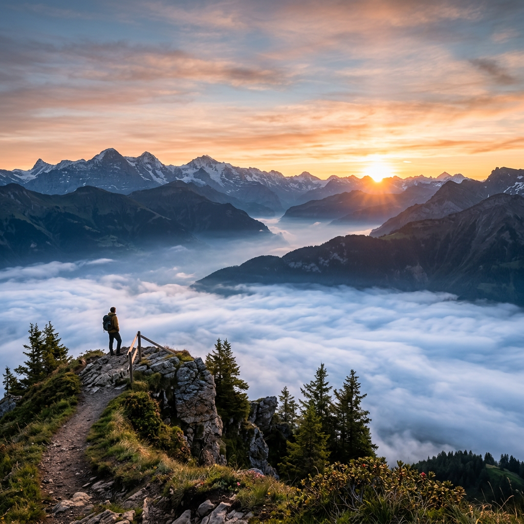 Hiker standing on rocky peak overlooking cloud-filled valleys at sunrise